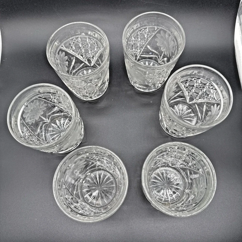 Vintage Etched Rose Cut Glass Pitcher and 6 Matching Floral Tumbler Glasses Set